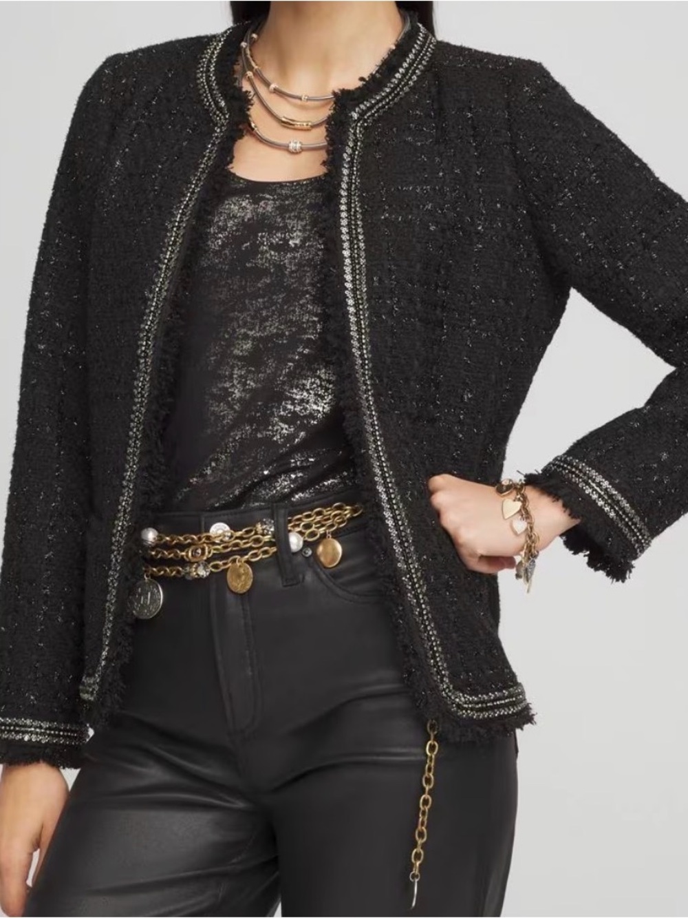 Embellished Black Tweed Open-Front Jacket - Picture 2 of 9